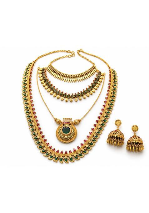 Traditional Gold Tone Bridal Jewellery Set with Green and Ruby Stones