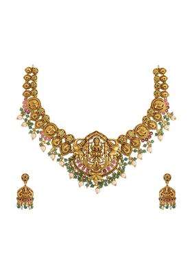 Kushals Fashion Jewellery Ruby Green Gold Plated Antique Necklace Set with Jhumka Earrings for Women