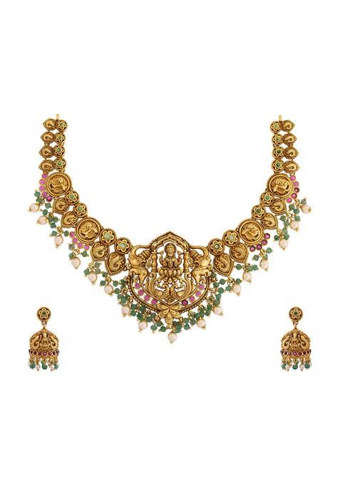 Kushals Fashion Jewellery Ruby Green Gold Plated Antique Necklace Set with Jhumka Earrings for Women