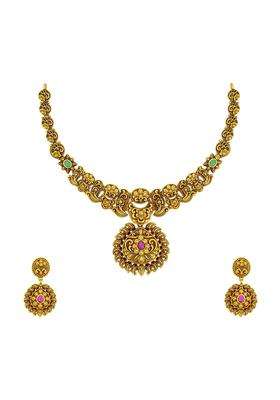 Kushals Fashion Jewellery Ruby Green Gold Plated Antique Necklace Set with Hanging Earrings for Women