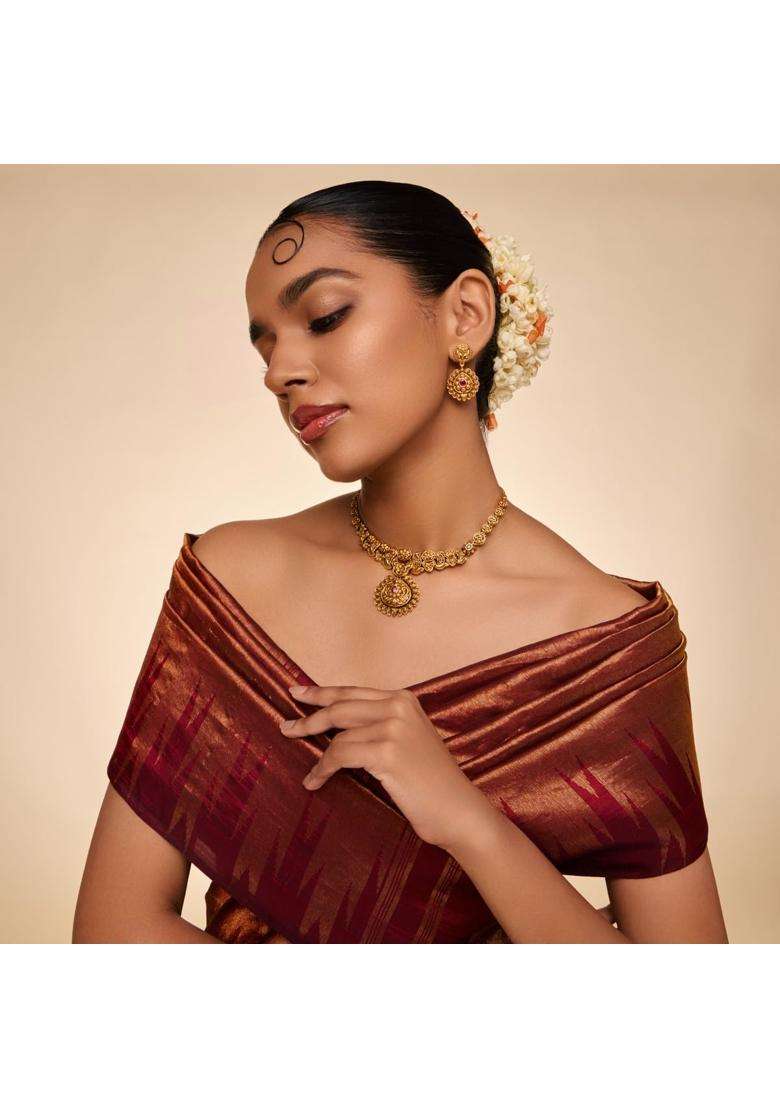 Kushals Fashion Jewellery Ruby Green Gold Plated Antique Necklace Set with Hanging Earrings for Women - Indya