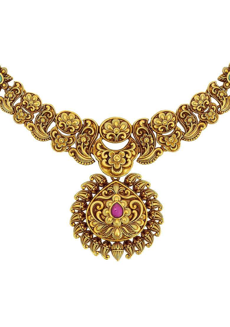 Kushals Fashion Jewellery Ruby Green Gold Plated Antique Necklace Set with Hanging Earrings for Women - Indya