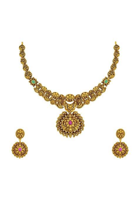 Kushals Fashion Jewellery Ruby Green Gold Plated Antique Necklace Set with Hanging Earrings for Women