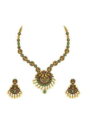Kushals Fashion Jewellery Gold Plated Antique Necklace Set with Hanging Earrings for Women