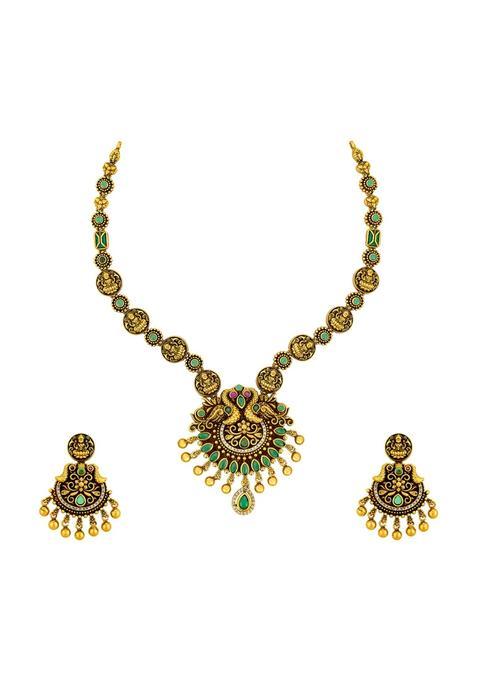 Kushals Fashion Jewellery Gold Plated Antique Necklace Set with Hanging Earrings for Women