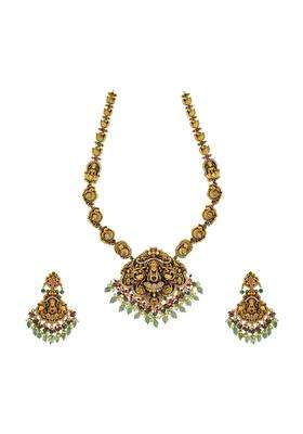 Kushals Fashion Jewellery Ruby Green Gold Plated Antique Necklace Set with Hanging Earrings for Women