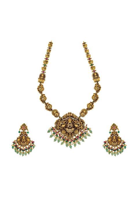 Kushals Fashion Jewellery Ruby Green Gold Plated Antique Necklace Set with Hanging Earrings for Women