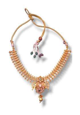 Tasya Jewellery Traditional Antique Matte Finish Gold Jhumka Earrings and Necklace Set with Emerald and Pink