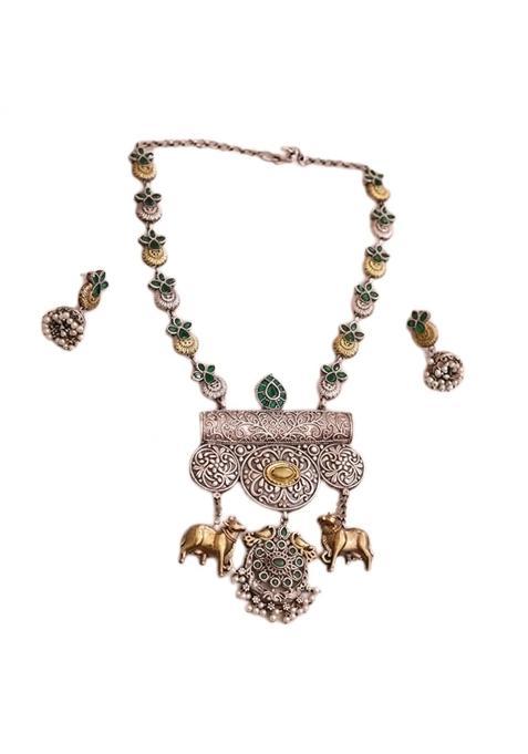 Antique Style Necklace with Green Stones Silver Gold Dual Tone Elephant Charms and Pearl Clusters