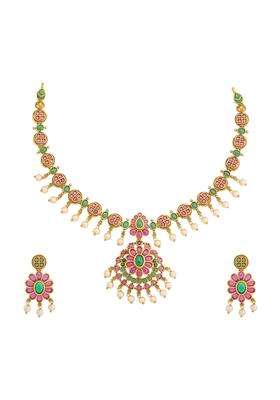 Kushals Fashion Jewellery Ruby Green Gold Plated Antique Necklace Set with Hanging Earrings for Women