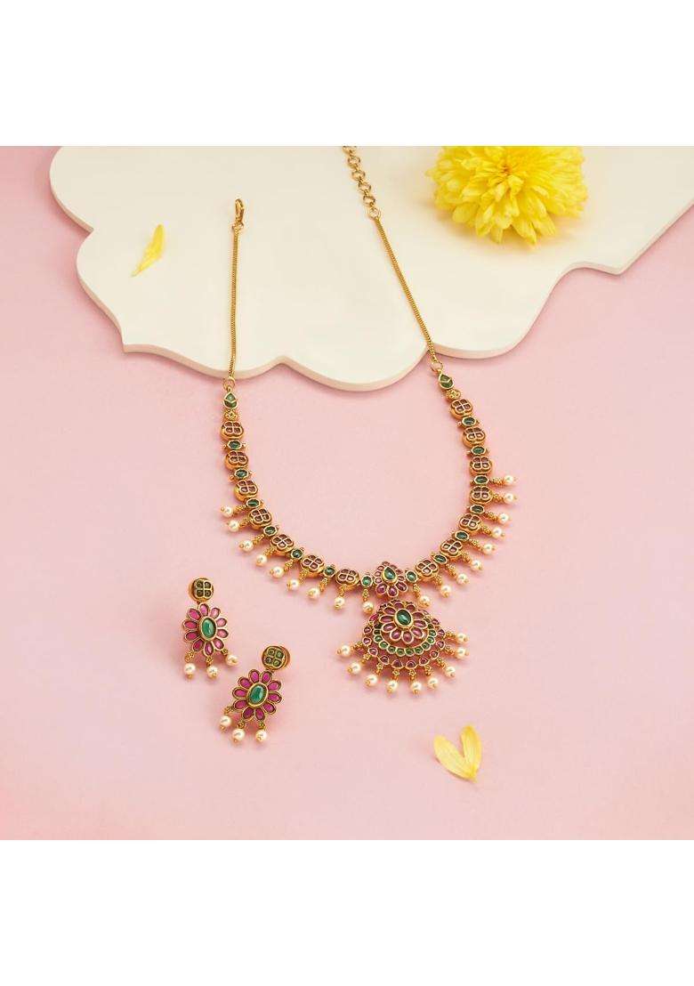 Kushals Fashion Jewellery Ruby Green Gold Plated Antique Necklace Set with Hanging Earrings for Women - Indya