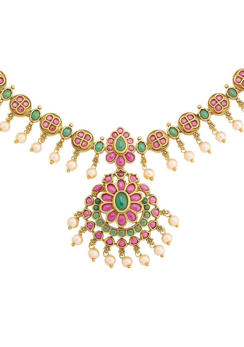 Kushals Fashion Jewellery Ruby Green Gold Plated Antique Necklace Set with Hanging Earrings for Women - Indya