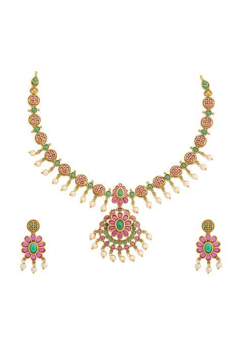 Kushals Fashion Jewellery Ruby Green Gold Plated Antique Necklace Set with Hanging Earrings for Women