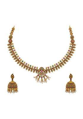 Kushals Fashion Jewellery Ruby Green Gold Plated Antique Necklace Set with Jhumka Earrings for Women