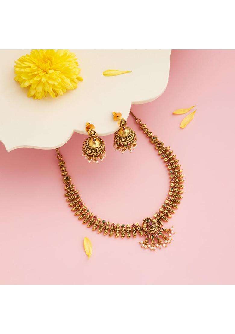 Kushals Fashion Jewellery Ruby Green Gold Plated Antique Necklace Set with Jhumka Earrings for Women - Indya