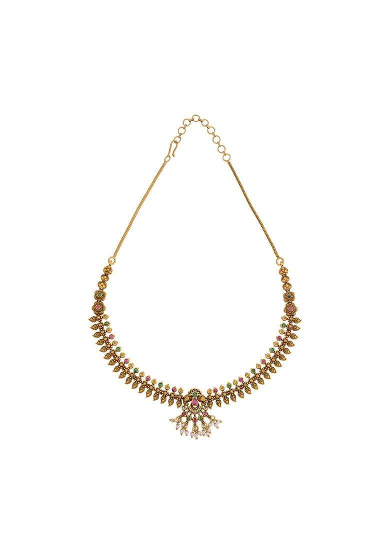 Kushals Fashion Jewellery Ruby Green Gold Plated Antique Necklace Set with Jhumka Earrings for Women - Indya
