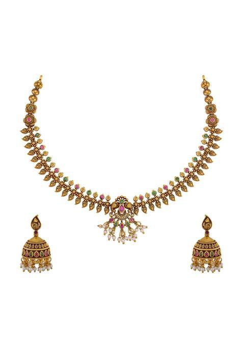 Kushals Fashion Jewellery Ruby Green Gold Plated Antique Necklace Set with Jhumka Earrings for Women