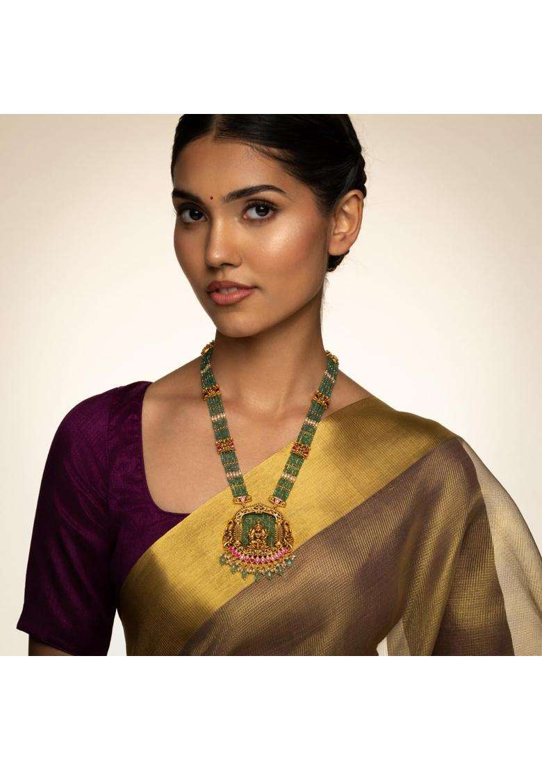Kushals Fashion Jewellery Ruby Green Gold Polished Copper Antique Necklace - Indya