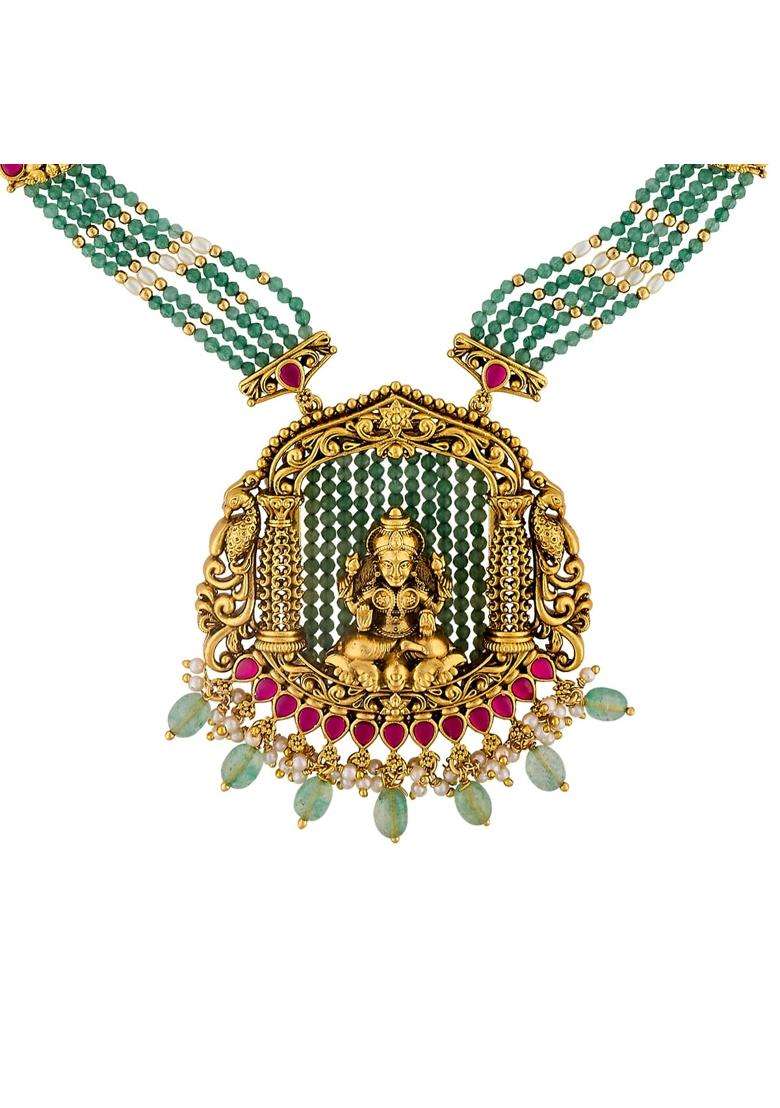 Kushals Fashion Jewellery Ruby Green Gold Polished Copper Antique Necklace - Indya
