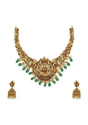 Kushals Fashion Jewellery Ruby Green Gold Plated Antique Necklace Set with Jhumka Earrings for Women