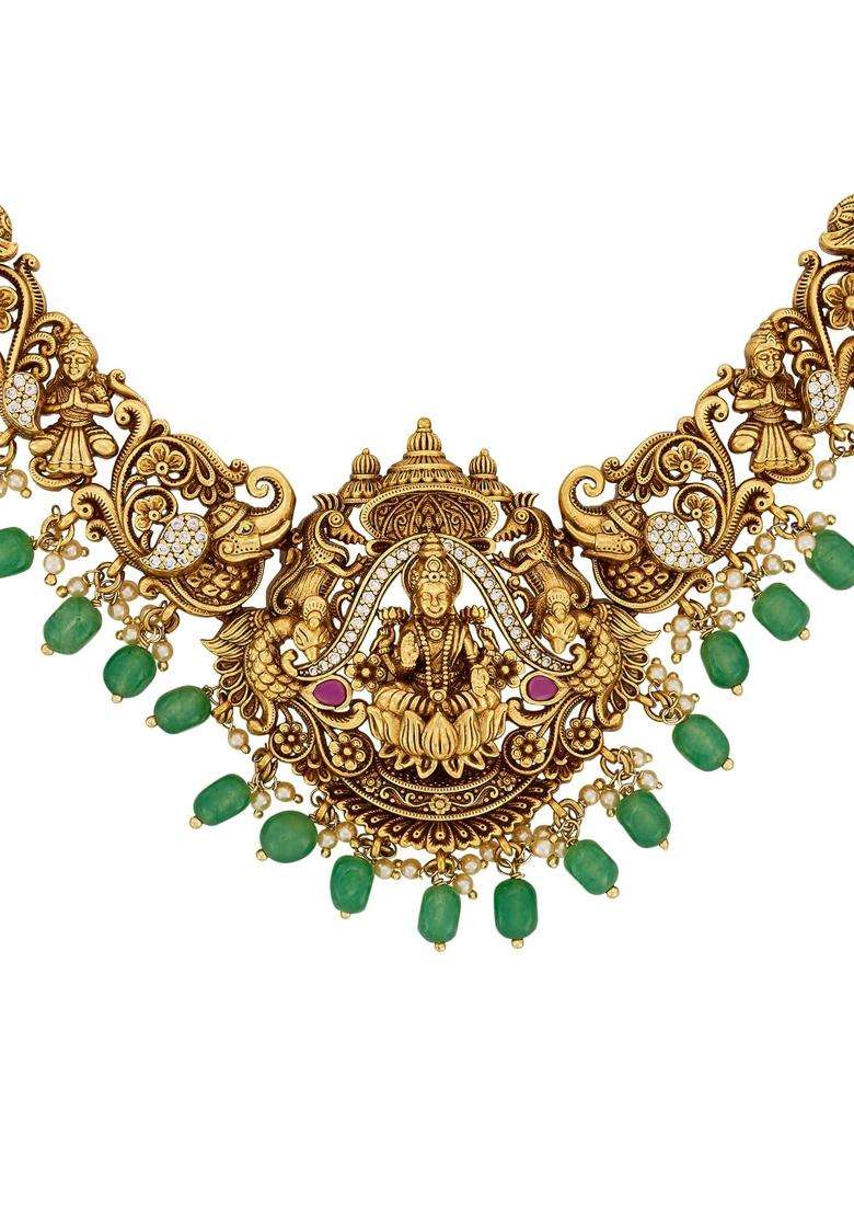Kushals Fashion Jewellery Ruby Green Gold Plated Antique Necklace Set with Jhumka Earrings for Women - Indya
