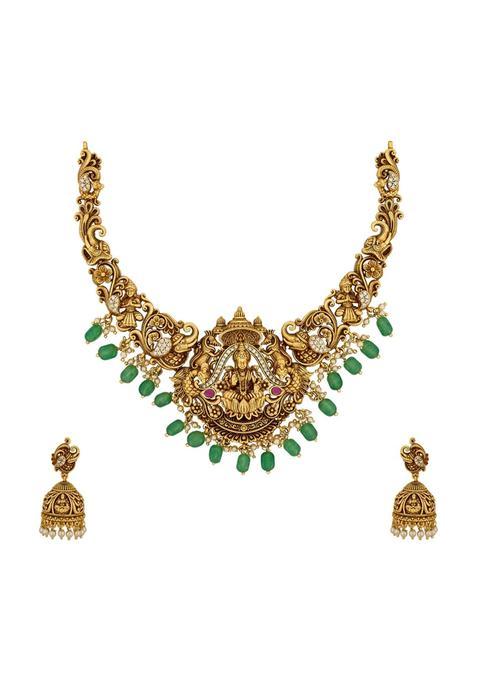 Kushals Fashion Jewellery Ruby Green Gold Plated Antique Necklace Set with Jhumka Earrings for Women