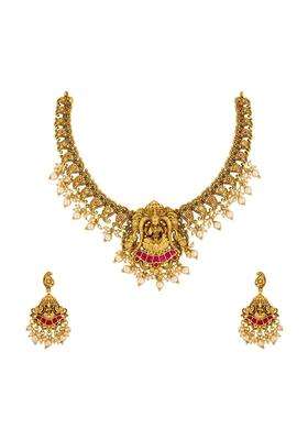 Kushals Fashion Jewellery Ruby Gold Plated Antique Necklace Set with Hanging Earrings for Women