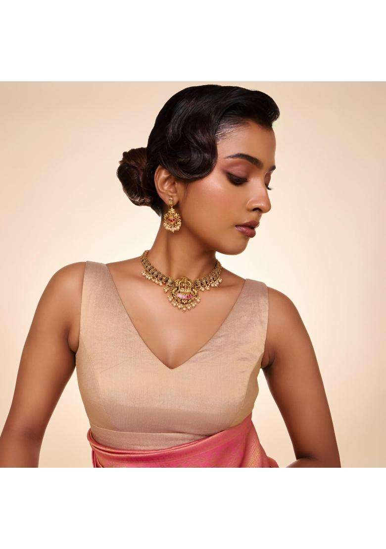 Kushals Fashion Jewellery Ruby Gold Plated Antique Necklace Set with Hanging Earrings for Women - Indya