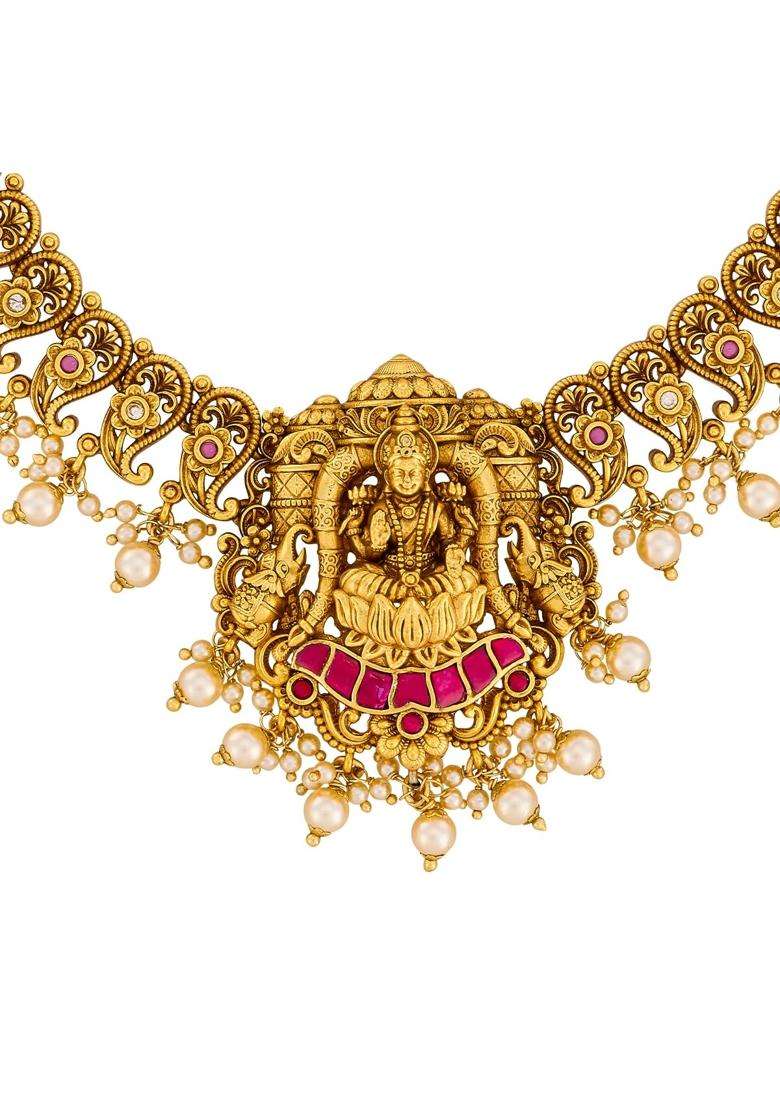 Kushals Fashion Jewellery Ruby Gold Plated Antique Necklace Set with Hanging Earrings for Women - Indya