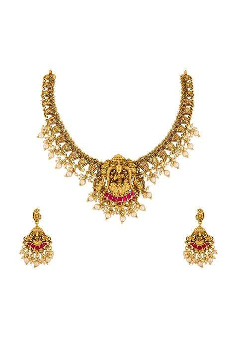 Kushals Fashion Jewellery Ruby Gold Plated Antique Necklace Set with Hanging Earrings for Women