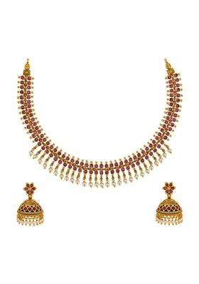 Kushals Fashion Jewellery Ruby Green Gold Polished Copper Antique Necklaceset with Earrings and Adjustable