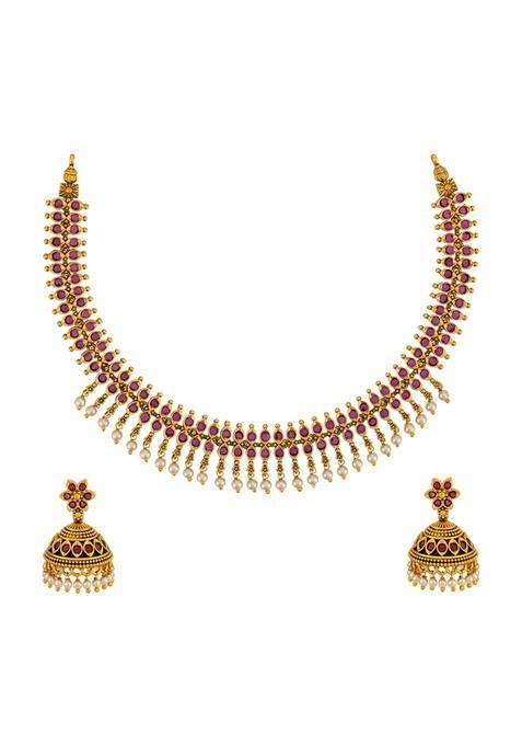 Kushals Fashion Jewellery Ruby Green Gold Polished Copper Antique Necklaceset with Earrings and Adjustable