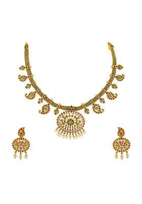 Kushals Fashion Jewellery Ruby Green Gold Polished Copper Antique Necklace with Hanging Earrings