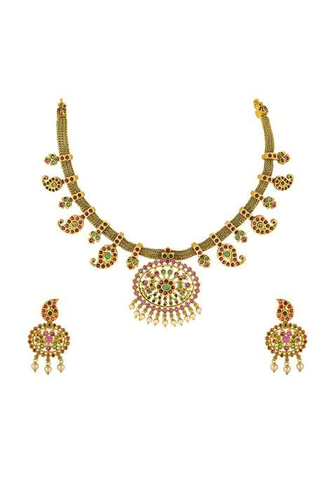 Kushals Fashion Jewellery Ruby Green Gold Polished Copper Antique Necklace with Hanging Earrings