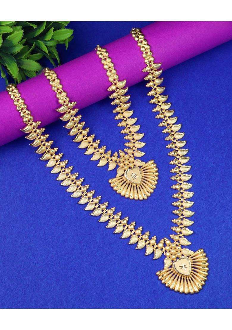 CUTE Gold One Gram Forming Gold Plated Traditional South Indian Fashion Jewellery Long Haram Set for Women - Indya