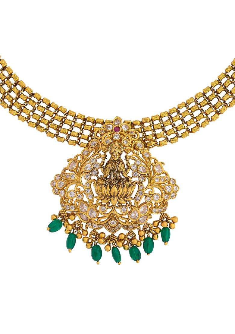 Kushals Fashion Jewellery Ruby Green Oxidised Gold Plated 925 Silver Temple Necklace for Women - Indya