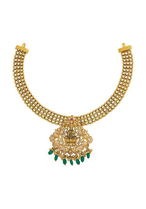 Kushals Fashion Jewellery Ruby Green Oxidised Gold Plated 925 Silver Temple Necklace for Women