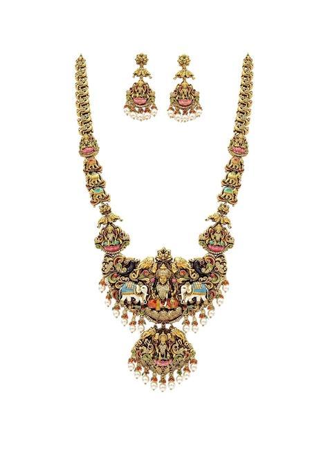 Sajuma Antique Gold Elephant Lakshmi Haram Temple Jewellery Set
