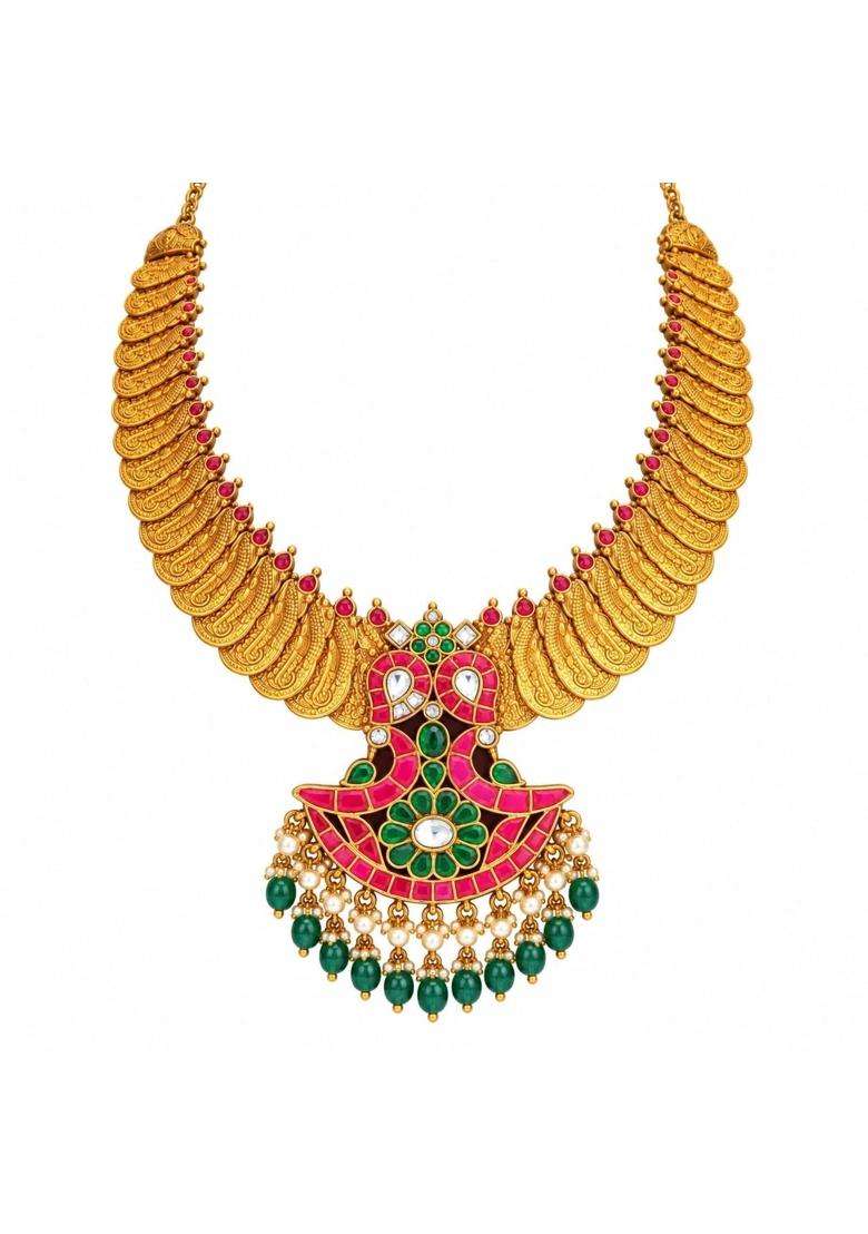 Sajuma Jadau Kundan Ruby Green Beaded Temple Haram - Indya