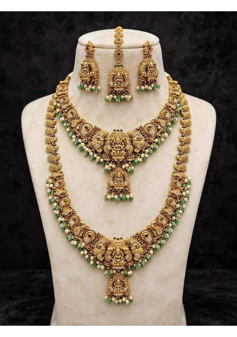 Temple Lakshmi Haram Bridal Necklace Set with Jhumka Earrings - Indya