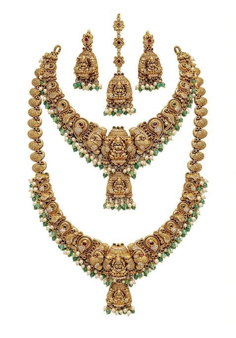 Temple Lakshmi Haram Bridal Necklace Set with Jhumka Earrings