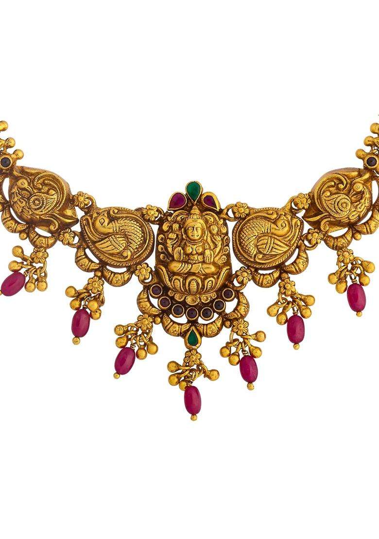 Kushals Fashion Jewellery Ruby Green Oxidised Gold Plated 925 Silver Temple Necklace for Women - Indya