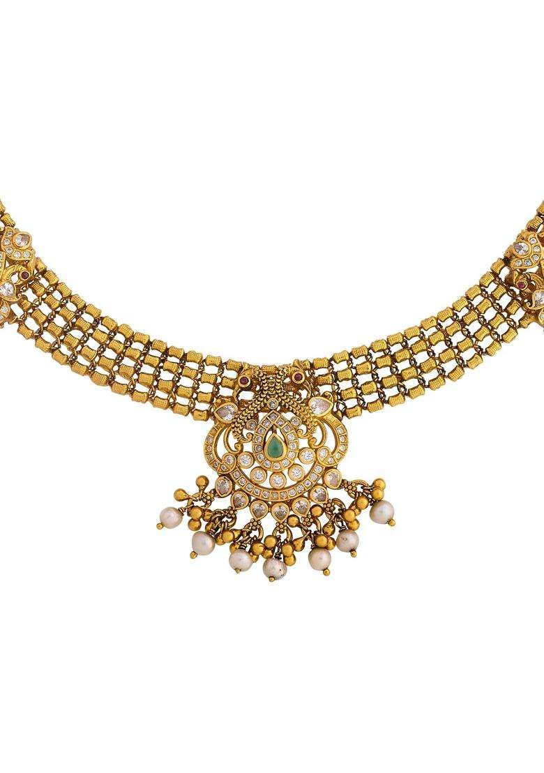 Kushals Fashion Jewellery Ruby Green Oxidised Gold Plated 925 Silver Temple Necklace for Women - Indya