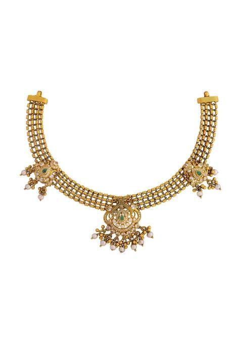 Kushals Fashion Jewellery Ruby Green Oxidised Gold Plated 925 Silver Temple Necklace for Women