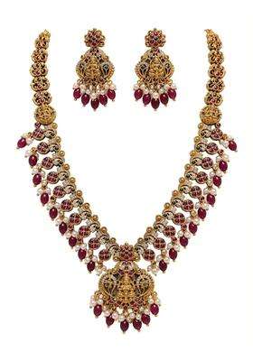 Lakshmi Temple Long Haram Necklace Set with Earrings