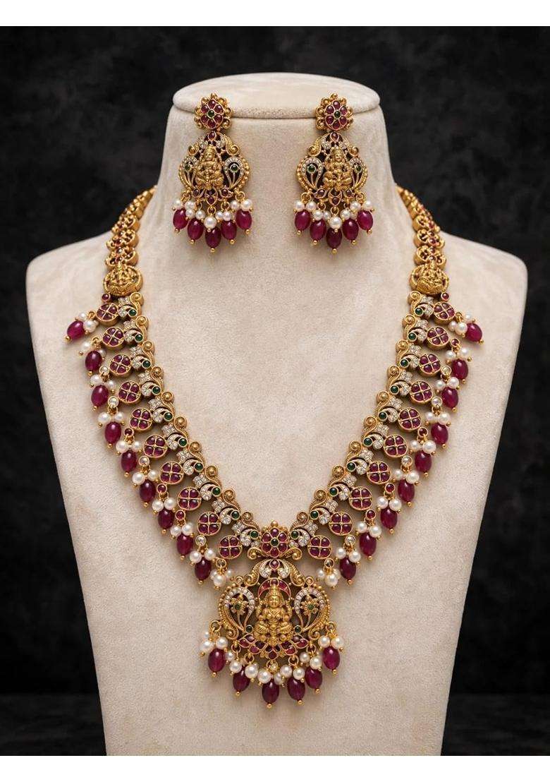 Lakshmi Temple Long Haram Necklace Set with Earrings - Indya