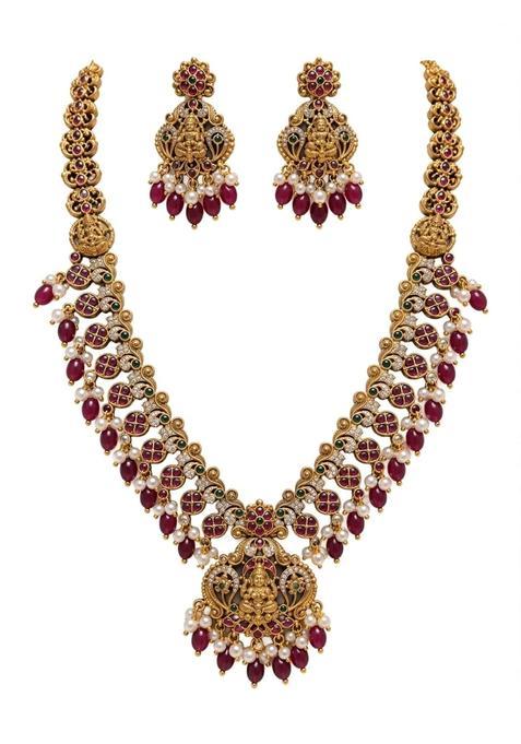 Lakshmi Temple Long Haram Necklace Set with Earrings