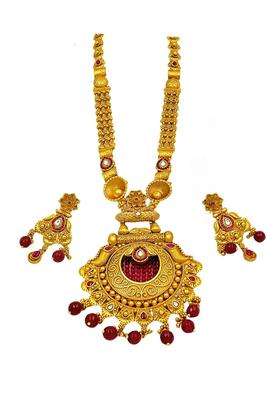 Smithz Gold Long Haram Necklace Set Temple Jewellery with Earrings