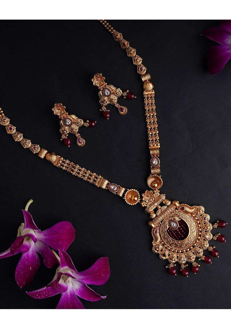 Smithz Gold Long Haram Necklace Set Temple Jewellery with Earrings - Indya