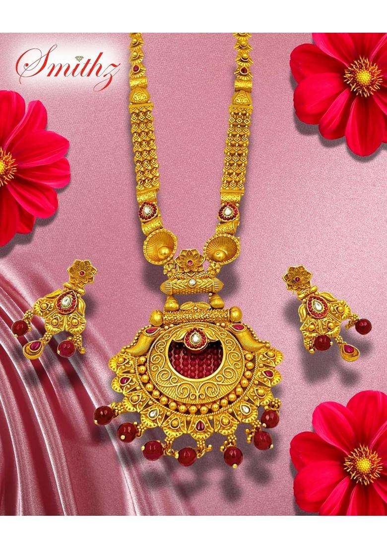 Smithz Gold Long Haram Necklace Set Temple Jewellery with Earrings - Indya